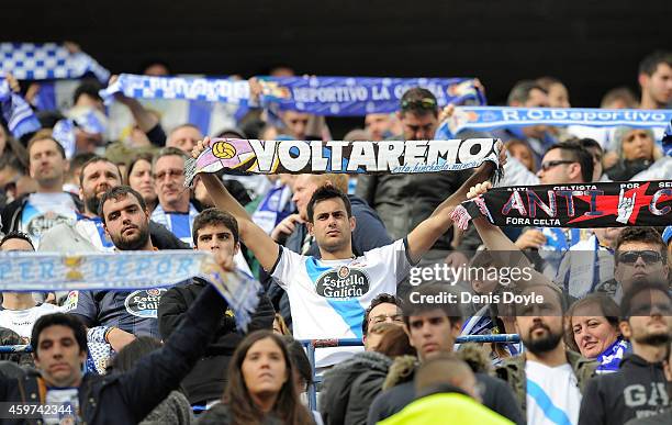 Deportivo La Coruna fans cheers their team during the La Liga match between Club Atletico de Madrid and RC Deportivo La Coruna at Vicente Calderon...