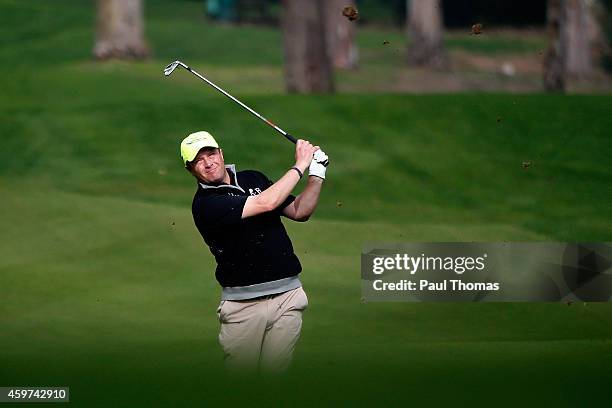 Greig Hutcheon of Paul Lawrie Golf Centre plays a shot during day two of the Titleist PGA Play-Offs at Antalya Golf Club on November 30, 2014 in...