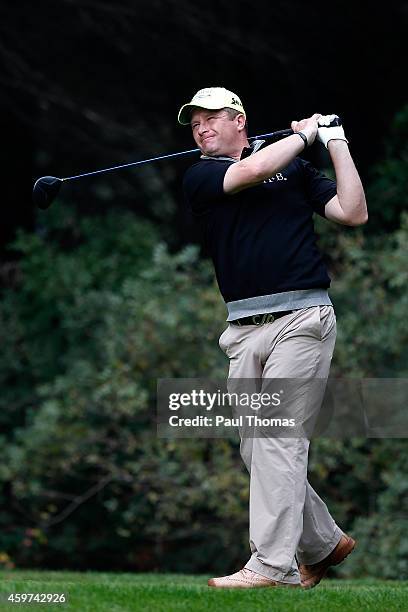 Greig Hutcheon of Paul Lawrie Golf Centre tees off during day two of the Titleist PGA Play-Offs at Antalya Golf Club on November 30, 2014 in Antalya,...