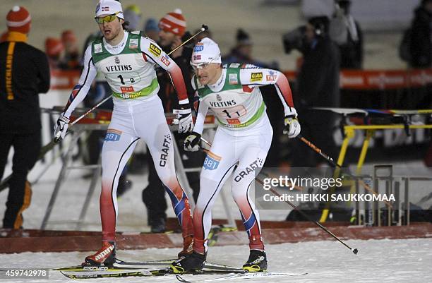 Norway's Joergen Graabak and Haavard Klemetsen of team Norway I compete during the men's Nordic Combined team sprint 2x7,5 km relay competition of...