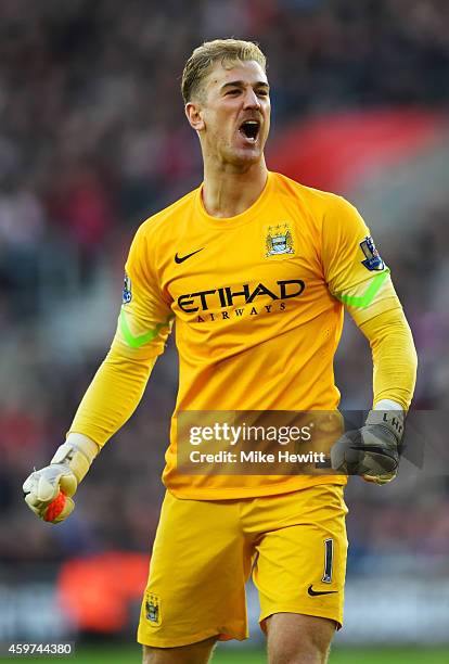 Joe Hart of Manchester City celebrates during the Barclays Premier League match between Southampton and Manchester City at St Mary's Stadium on...