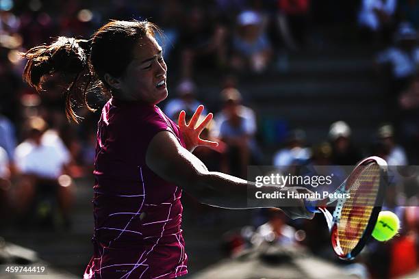 Jamie Hampton of the USA plays a forehand against Tamira Paszek of Austria during day one of the ASB Classic at ASB Tennis Centre on December 30,...