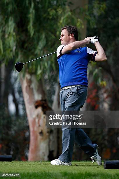 Gareth Davies of Abbeydale Golf Club tees off during day two of the Titleist PGA Play-Offs at Antalya Golf Club on November 30, 2014 in Antalya,...