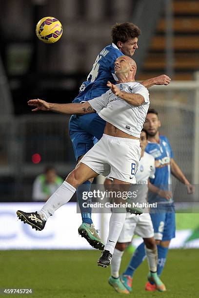 Daniele Rugano of Empoli FC battles for the ball with Giulio Migliaccio of Atalanta BC during the Serie A match between Empoli FC and Atalanta BC at...