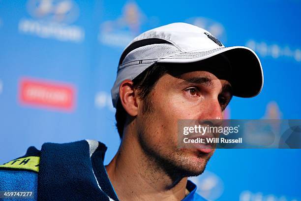 Daniel Munoz-De La Nava of Spain after his defeat to John Isner of the United States in the men's singles match during day three of the Hopman Cup at...