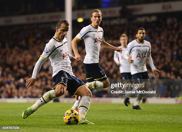 Roberto Soldado of Spurs scores their second goal during the Barclays Premier League match between Tottenham Hotspur and Everton at White Hart Lane...