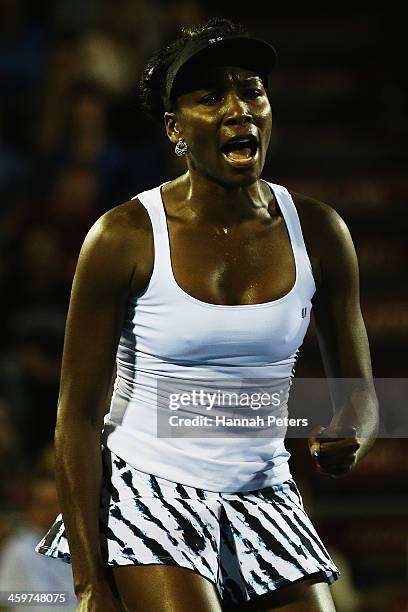 Venus Williams of the USA celebrates a point against Andrea Hlavackova of the Czech Republic during day one of the ASB Classic at ASB Tennis Centre...