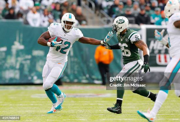 Charles Clay of the Miami Dolphins in action against Dawan Landry of the New York Jets on December 1, 2013 at MetLife Stadium in East Rutherford, New...