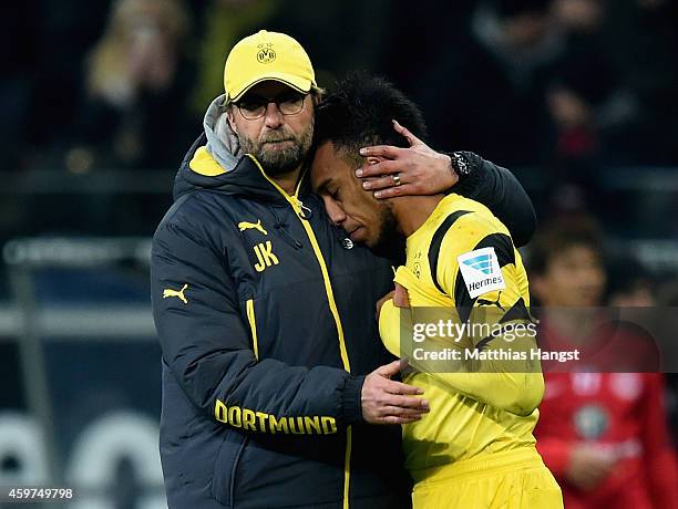 Juergen Klopp of Borussia Dortmund and Pierre-Emerick Aubameyang look dejected after the Bundesliga match between Eintracht Frankfurt and Borussia...