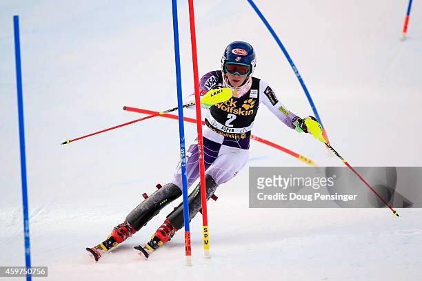 Mikaela Shiffrin skis to first place in the first run of the ladies slalom at the 2014 Audi FIS Ski World Cup at the Nature Valley Aspen...