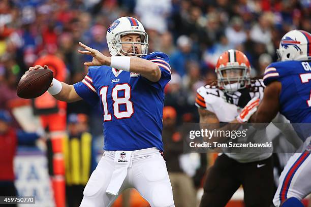 Kyle Orton of the Buffalo Bills looks to throw against the Cleveland Browns during the first half at Ralph Wilson Stadium on November 30, 2014 in...