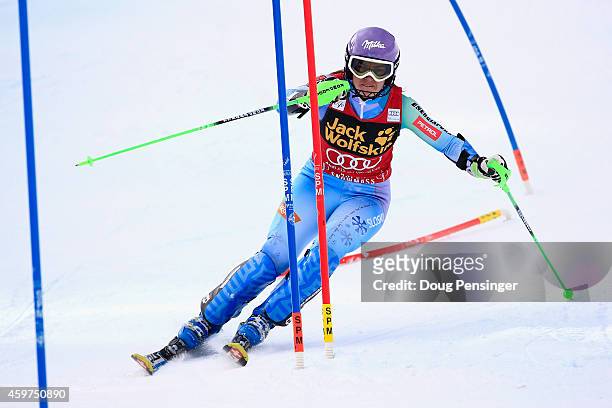 Tina Maze of Slovenia skis to second place in the first run of the ladies slalom at the 2014 Audi FIS Ski World Cup at the Nature Valley Aspen...