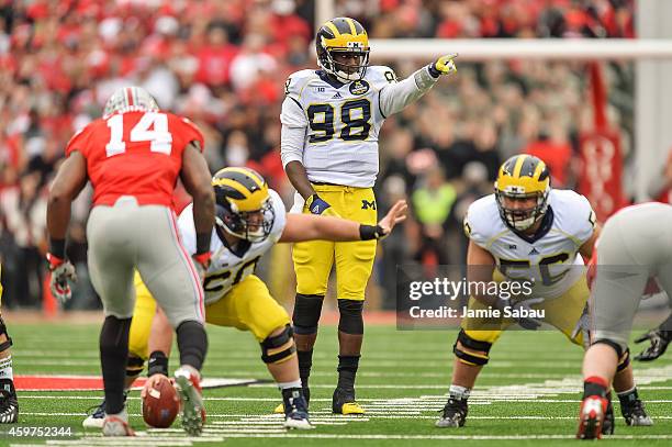 Quarterback Devin Gardner of the Michigan Wolverines calls signals against the Ohio State Buckeyes at Ohio Stadium on November 29, 2014 in Columbus,...