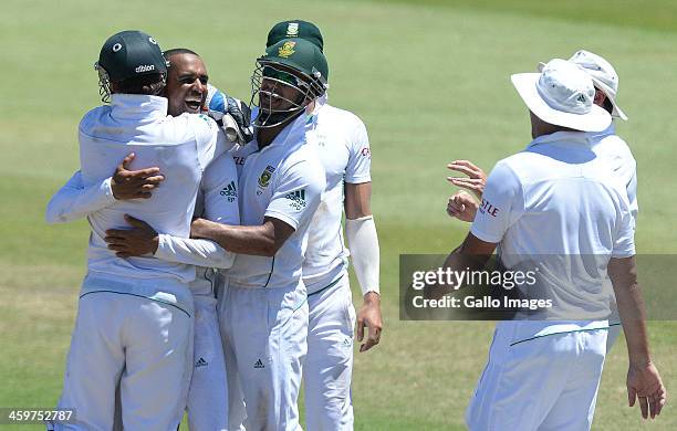 Robin Peterson of South Africa celebrates the wicket of Zaheer Khan during day 5 of the 2nd Test match between South Africa and India at Sahara...