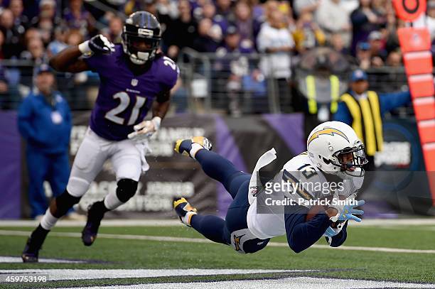 Wide receiver Keenan Allen of the San Diego Chargers makes a first quarter touchdown catch past cornerback Lardarius Webb of the Baltimore Ravens...