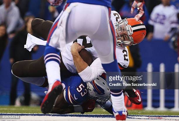 Johnny Manziel of the Cleveland Browns scores a touchdown against the Buffalo Bills during the second half at Ralph Wilson Stadium on November 30,...