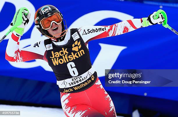 Nicole Hosp of Austria reacts after her second run as she won the ladies slalom at the 2014 Audi FIS Ski World Cup at the Nature Valley Aspen...