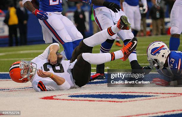 Johnny Manziel of the Cleveland Browns scores a touchdown against the Buffalo Bills during the second half at Ralph Wilson Stadium on November 30,...