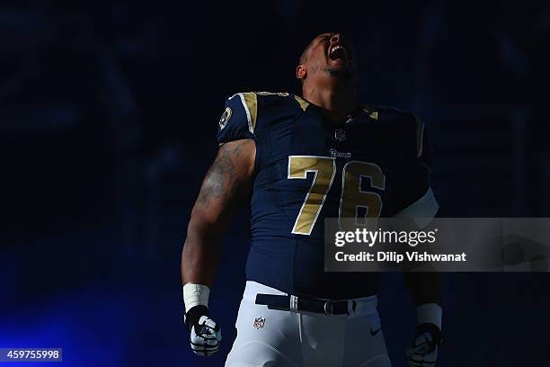 Rodger Saffold of the St. Louis Rams is introduced prior to playing against the Oakland Raiders at the Edward Jones Dome on November 30, 2014 in St....