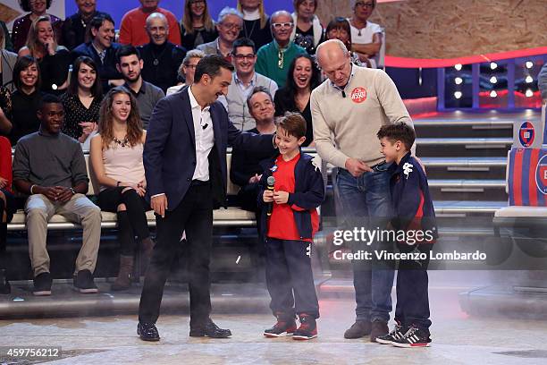 Nicola Savino, Gabriel Lecca, Rosario Guerzeni and Andrea Pucci attend the 'Quelli Che Il Calcio' Tv Show on November 30, 2014 in Milan, Italy.