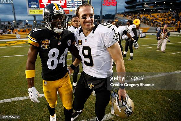 Antonio Brown of the Pittsburgh Steelers congratulates Drew Brees of the New Orleans Saints after New Orleans 35-32 win at Heinz Field on November...