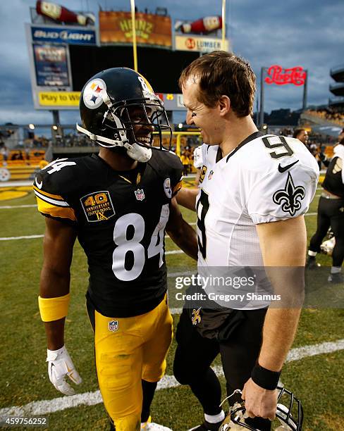 Antonio Brown of the Pittsburgh Steelers congratulates Drew Brees of the New Orleans Saints after New Orleans 35-32 win at Heinz Field on November...