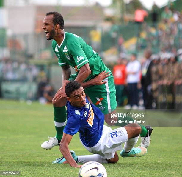 Eurico of Cruzeiro struggles for the ball with a Bruno Silva of Chapecoense during a match between Chapecoense and Cruzeiro for the Brazilian Series...