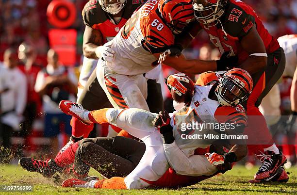 Giovani Bernard of the Cincinnati Bengals rushes during a game against the Tampa Bay Buccaneers at Raymond James Stadium on November 30, 2014 in...