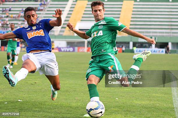 Eurico of Cruzeiro battles for the ball with a Jussandro of Chapecoense during a match between Chapecoense and Cruzeiro for the Brazilian Series A...