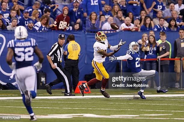 DeSean Jackson of the Washington Redskins makes a 42-yard touchdown reception in front of Josh Gordy of the Indianapolis Colts in the third quarter...