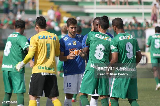 Players of Chapecoense and Cruzeiro enter into the field before a match between Chapecoense and Cruzeiro for the Brazilian Series A 2014 at Arena...