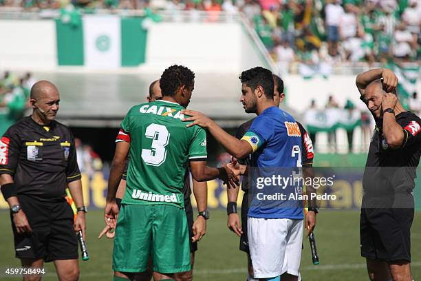 Players of Chapecoense and Cruzeiro enter into the field before a match between Chapecoense and Cruzeiro for the Brazilian Series A 2014 at Arena...