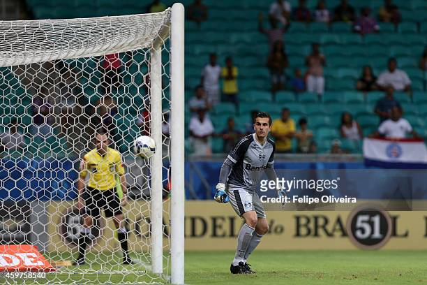 Marcelo Grohe of Gremio in action during the match between Bahia and Gremio as part of Brasileirao Series A 2014 at Arena Fonte Nova on November 30,...