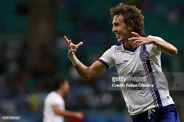 Galhardo of Bahia celebrate a scored goal against Gremio during the match between Bahia and Gremio as part of Brasileirao Series A 2014 at Arena...