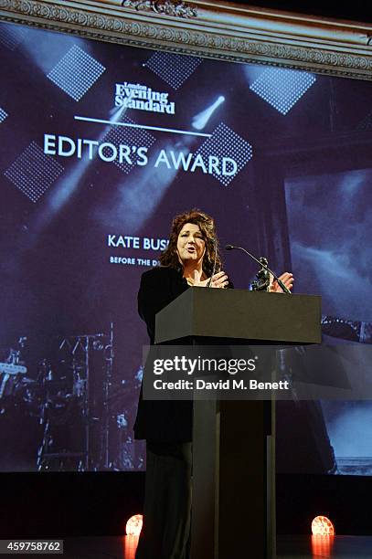 Kate Bush accepts the Editor's Award for 'Before The Dawn' at the 60th London Evening Standard Theatre Awards at the London Palladium on November 30,...