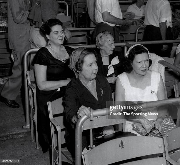 Sitting in Box during Old Timers Ceremonies are - Mrs Frank Bracke and Mrs Frank Twichell Mrs. Eleanor Gehrig wife of New York Yankees Hall of Fame...