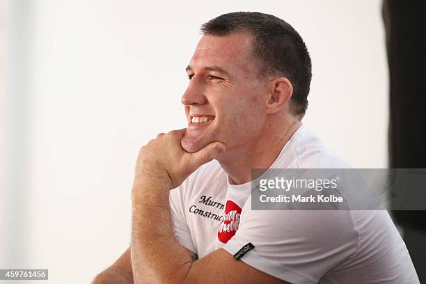 Paul Gallen laughs a he listens on during a Press Conference ahead of the Geale v Fletcher fight night at the Hordern Pavilion on December 1, 2014 in...