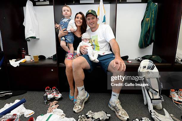 Greame Smith with his family in the changing room during day 5 of the 2nd Test match between South Africa and India at Sahara Stadium Kingsmead on...