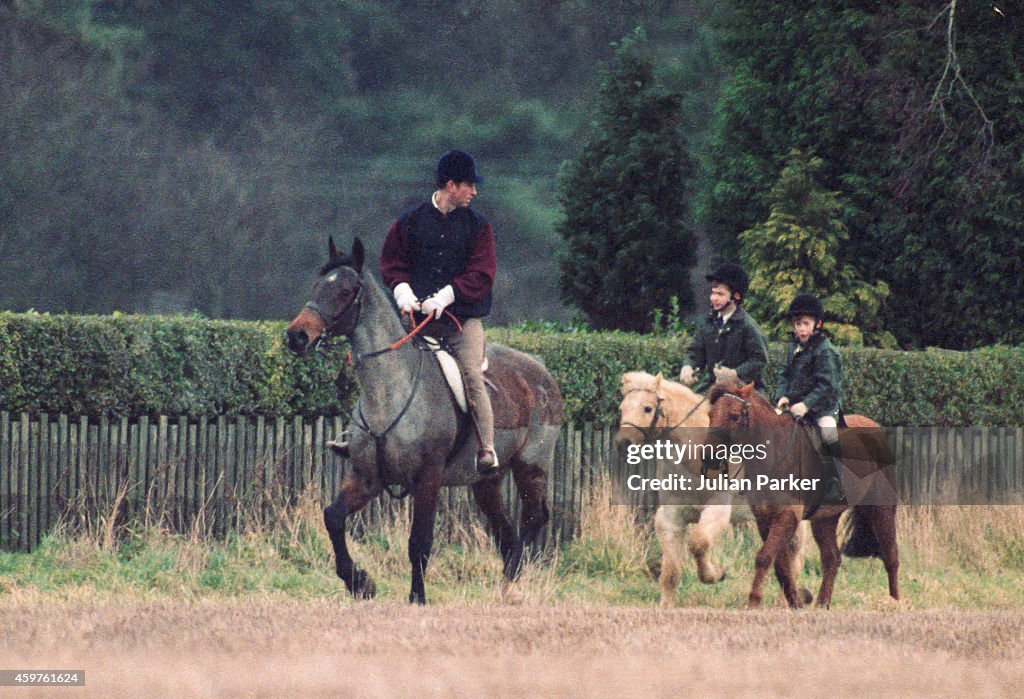 Charles, Prince of Wales, Prince William, and Prince Harry, riding at Sandringham