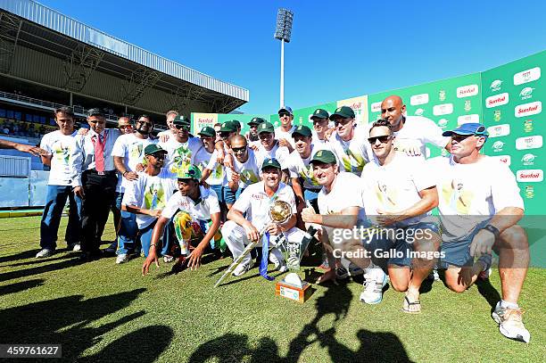 The team celebrate with the mace during day 5 of the 2nd Test match between South Africa and India at Sahara Stadium Kingsmead on December 30, 2013...