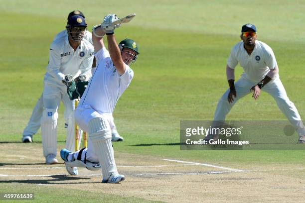 Graeme Smith of South Africa hits the winning runs during day 5 of the 2nd Test match between South Africa and India at Sahara Stadium Kingsmead on...