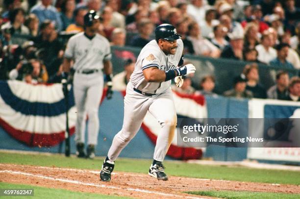 Cecil Fielder of the New York Yankees bats during Game Five of the World Series against the Atlanta Braves on October 24, 1996 at Atlanta-Fulton...