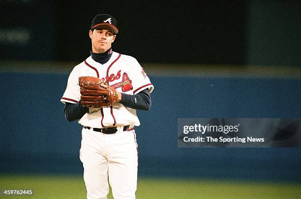 Greg Maddux of the Atlanta Braves during Game One of the World Series against the Cleveland Indians on October 21, 1995 at Atlanta-Fulton County...