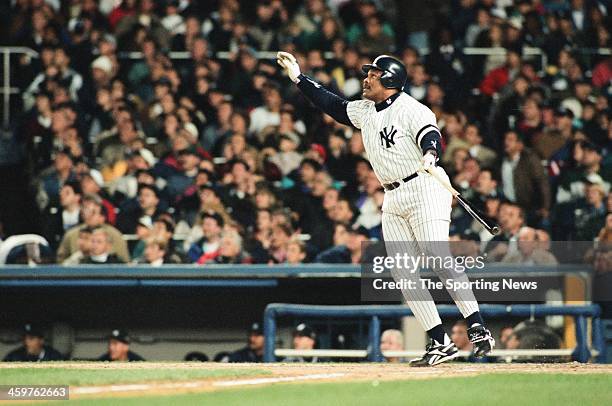 Cecil Fielder of the New York Yankees bats during Game One of the World Series against the Atlanta Braves on October 20, 1996 at Yankee Stadium in...