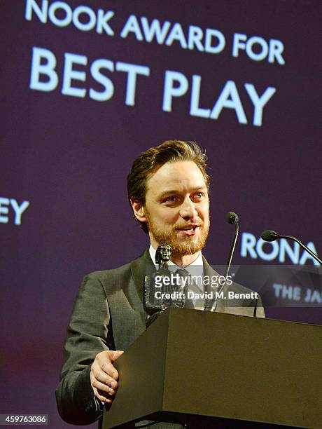 James McAvoy presents the Nook Award for Best Play at the 60th London Evening Standard Theatre Awards at the London Palladium on November 30, 2014 in...