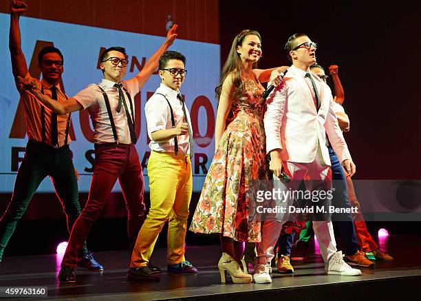 The cast of 'Here Lies Love' including Natalie Mendoza and Dean John-Wilson perform at the 60th London Evening Standard Theatre Awards at the London...