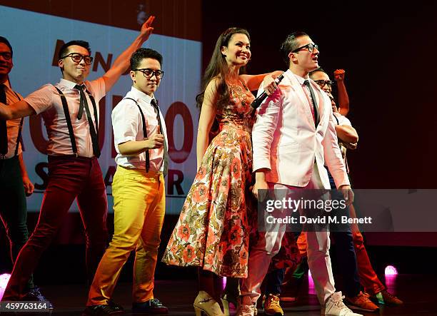 The cast of 'Here Lies Love' including Natalie Mendoza and Dean John-Wilson perform at the 60th London Evening Standard Theatre Awards at the London...