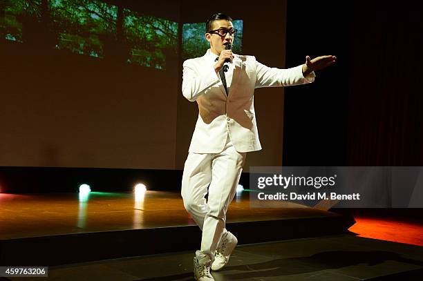 Dean John-Wilson and the cast of 'Here Lies Love' perform at the 60th London Evening Standard Theatre Awards at the London Palladium on November 30,...