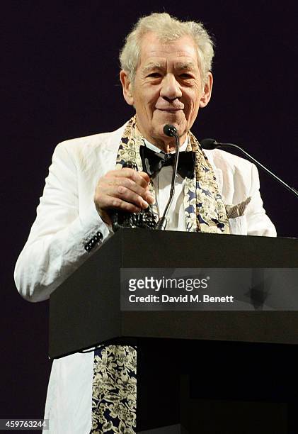 Sir Ian McKellen presents the Editor's Award at the 60th London Evening Standard Theatre Awards at the London Palladium on November 30, 2014 in...