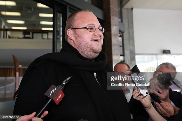 Kim Dotcom speaks to the media following hs bail hearing at Auckland District Court on December 1, 2014 in Auckland, New Zealand. Dotcom has avoided...